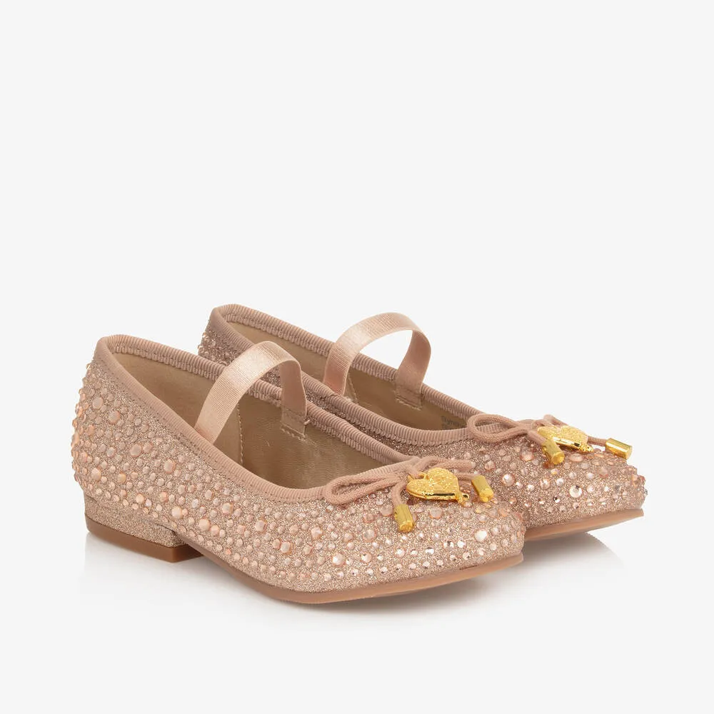 Girls Rose Gold Diamanté Ballerina Pumps