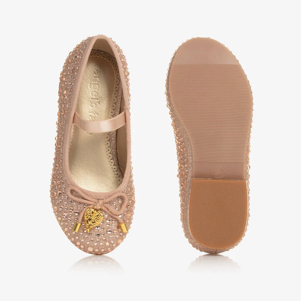 Girls Rose Gold Diamanté Ballerina Pumps