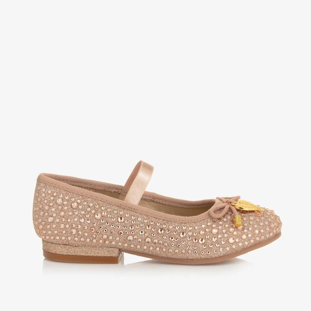 Girls Rose Gold Diamanté Ballerina Pumps