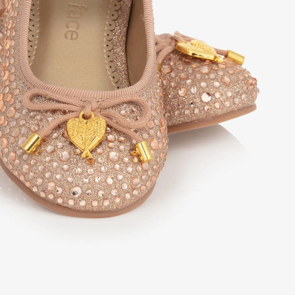 Girls Rose Gold Diamanté Ballerina Pumps