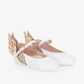 Girls White Leather Butterfly Pumps