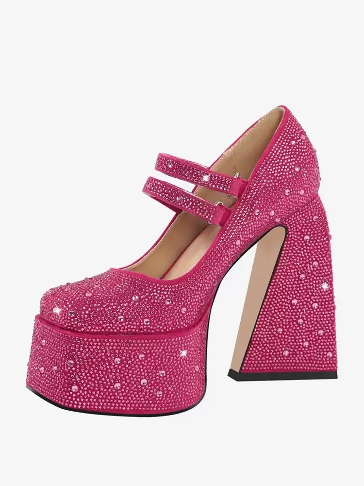 Glam Rhinestone Chunky Heel Platform Pumps