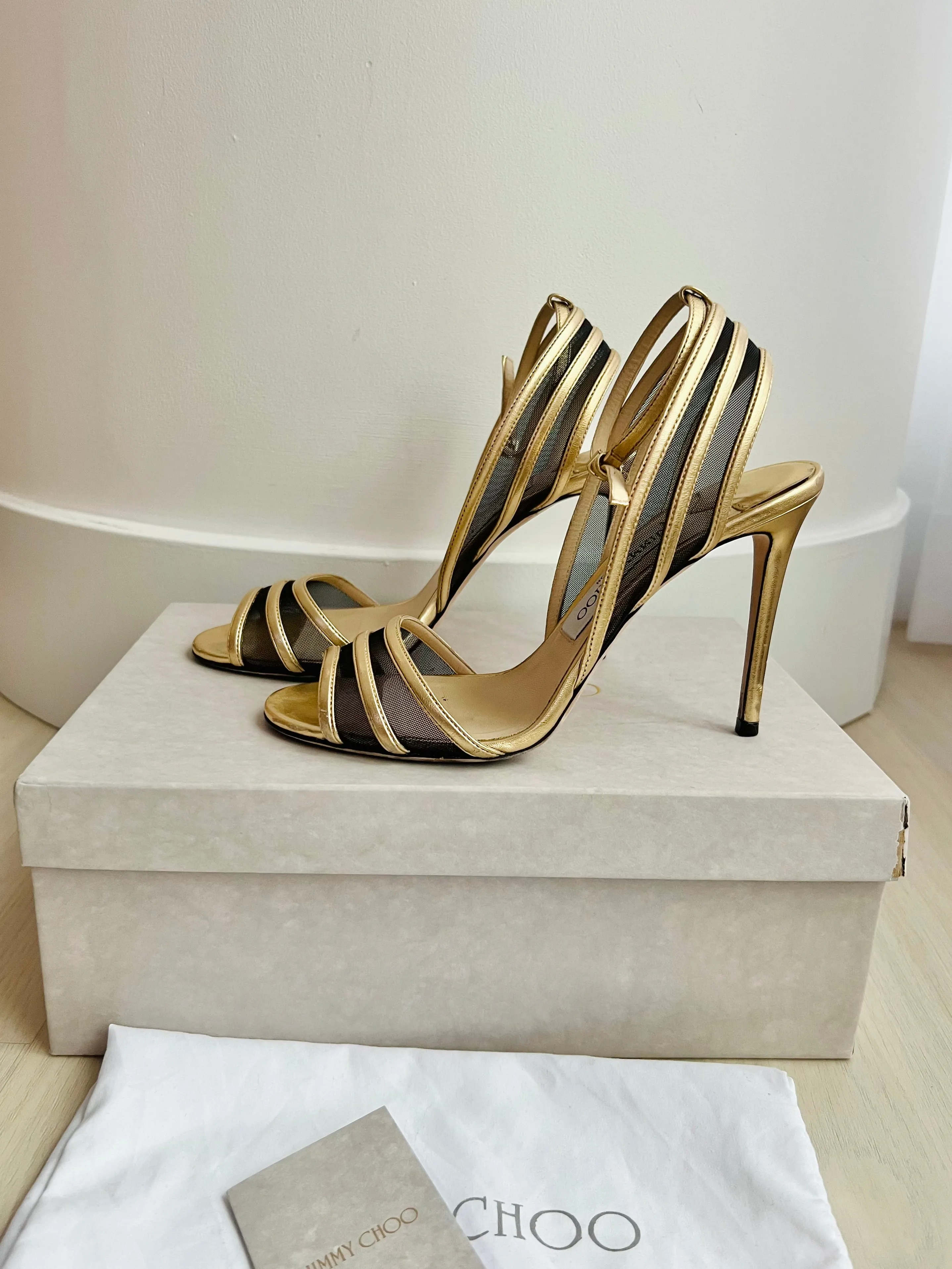 Gold Black Mesh Heels by Jimmy Choo