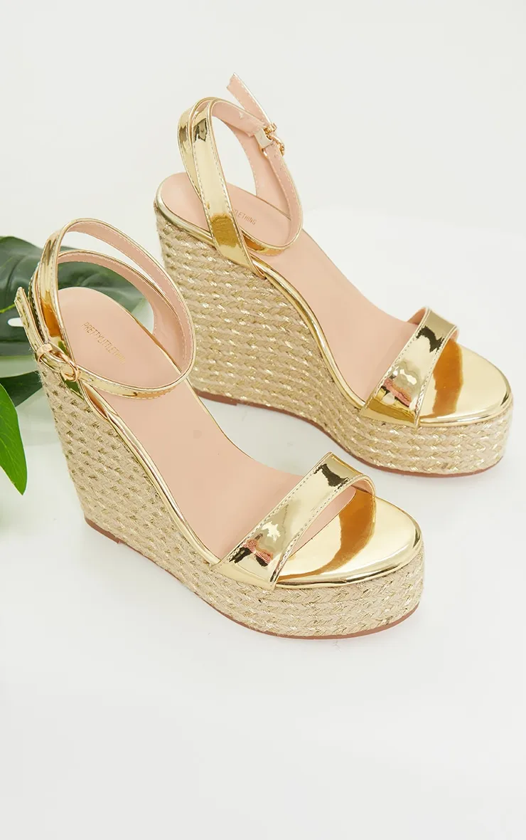 Extra High Gold Strappy Raffia Wedges