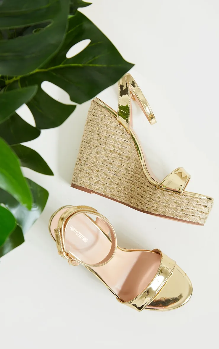 Extra High Gold Strappy Raffia Wedges