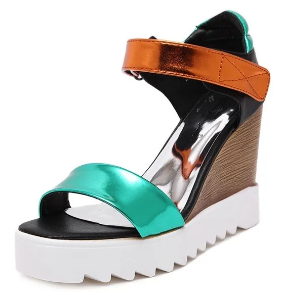 Gold Green Metallic Mirror Straps Wedge Platform Sandals