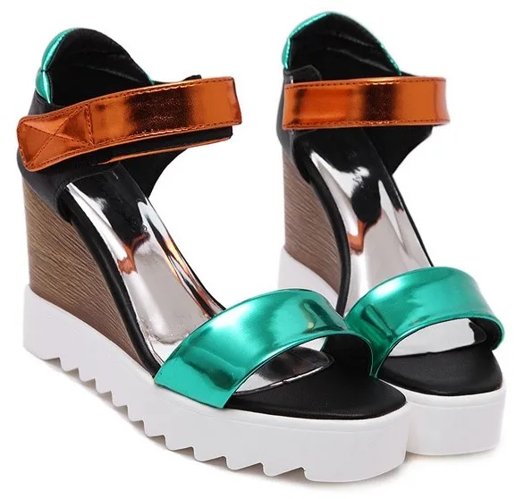 Gold Green Metallic Mirror Straps Wedge Platform Sandals