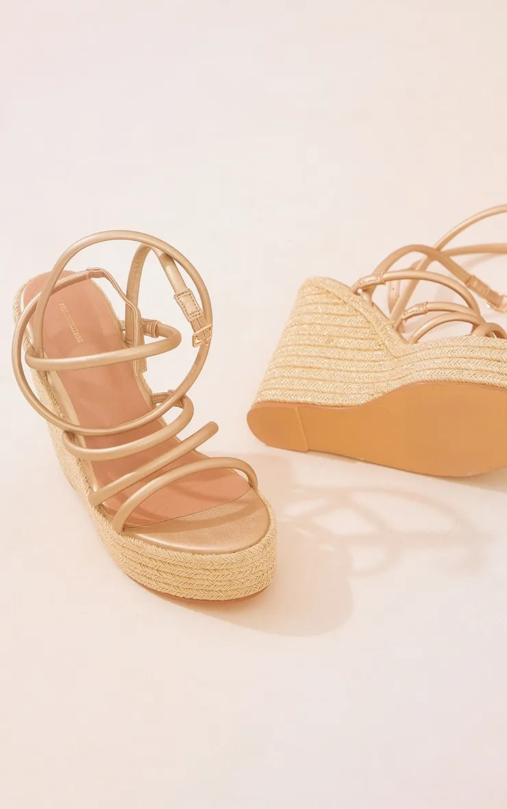 Metallic Gold Pu Multi Strap Espadrille Wedges