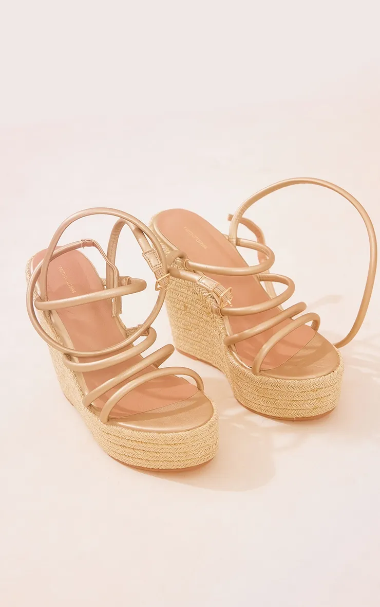 Metallic Gold Pu Multi Strap Espadrille Wedges