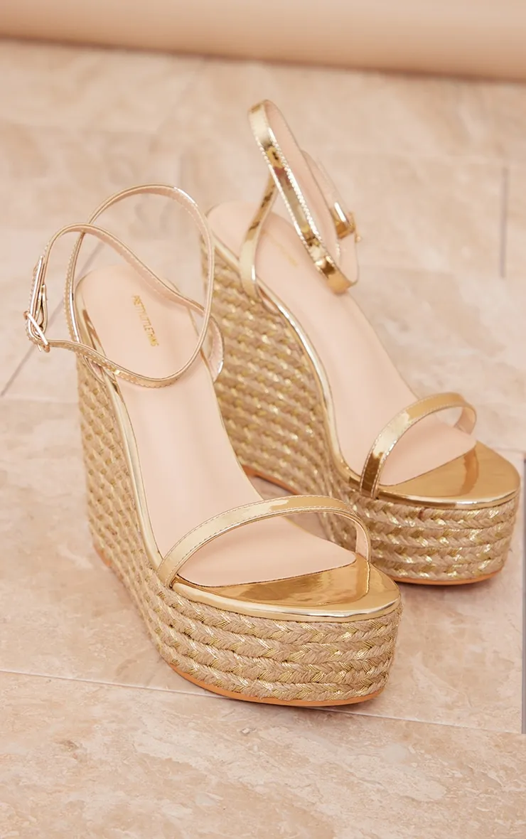 Metallic Gold High Heeled Espadrille Wedges