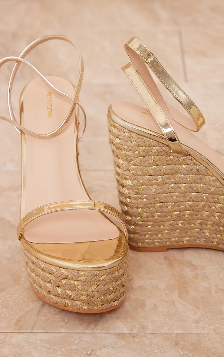 Metallic Gold High Heeled Espadrille Wedges