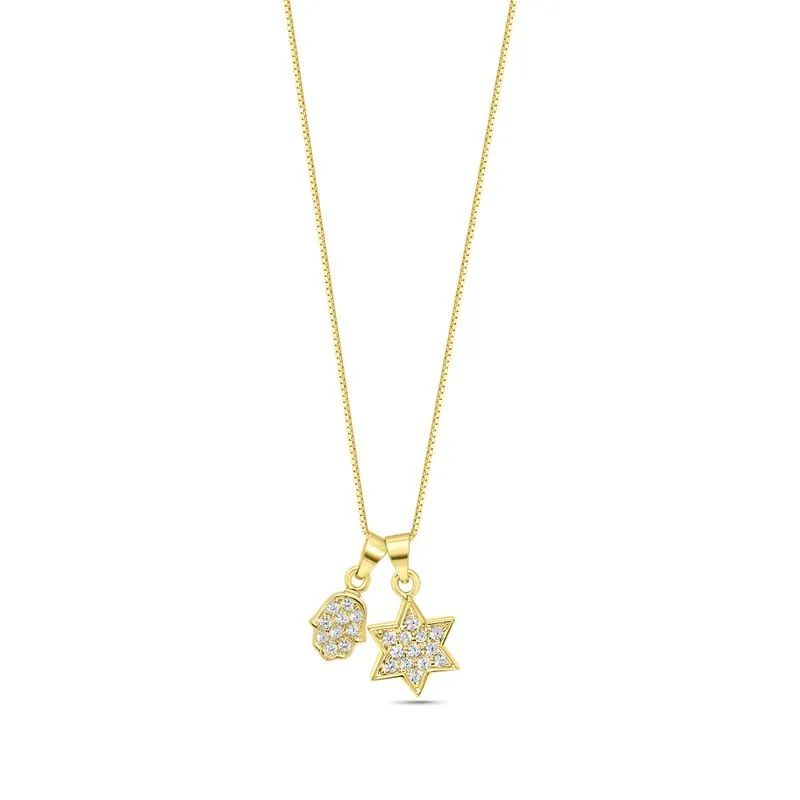 Gold Pendant Set with Star of David and Hamsa with Zirconia