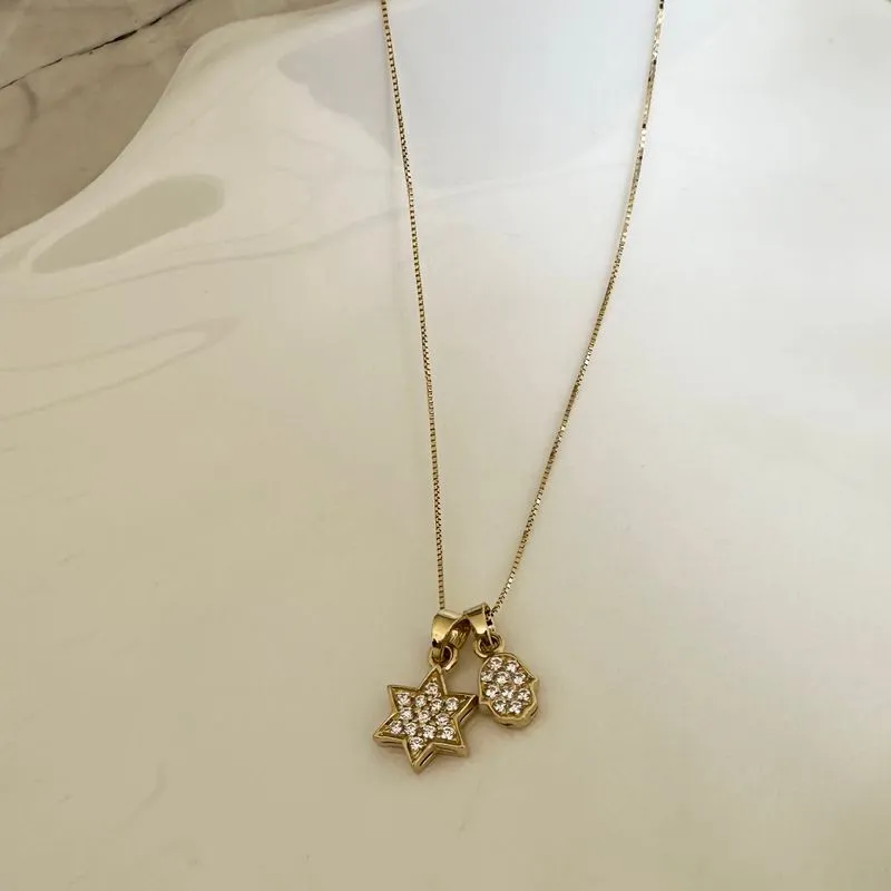 Gold Pendant Set with Star of David and Hamsa with Zirconia