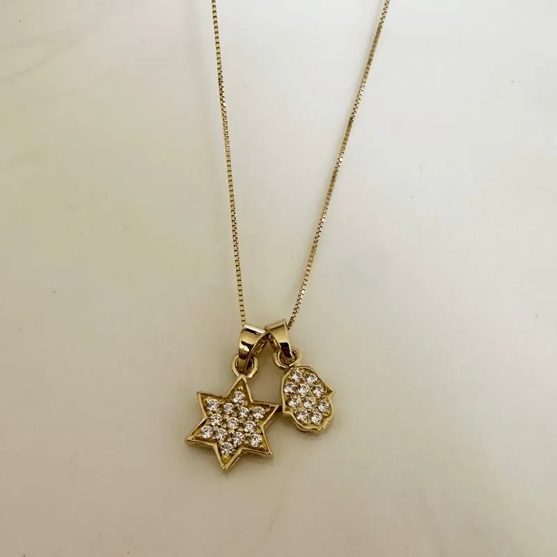 Gold Pendant Set with Star of David and Hamsa with Zirconia