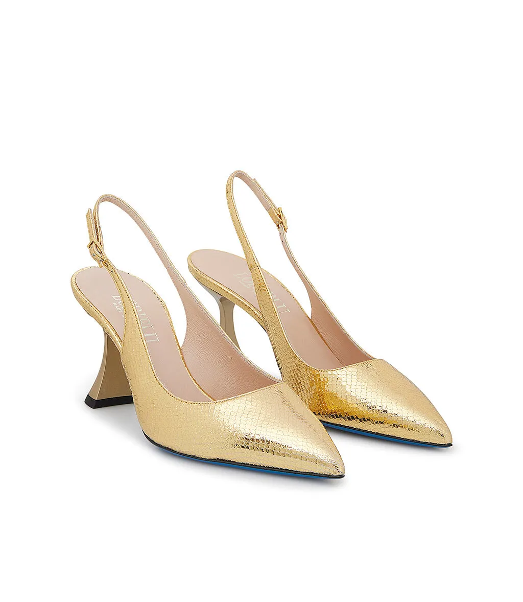 Gold-tone printed leather slingback heels