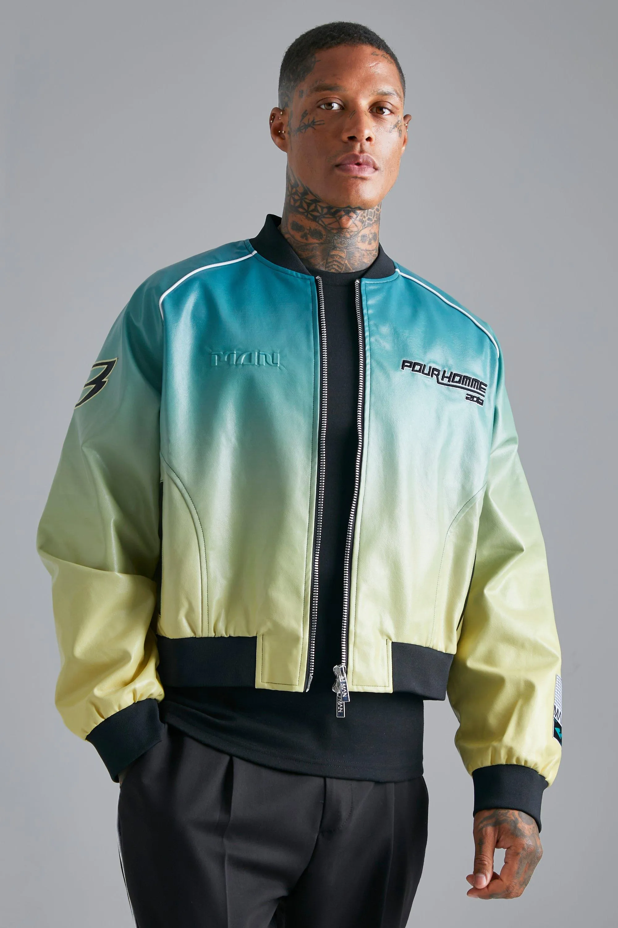 Gradient Effect Pu Bomber Jacket