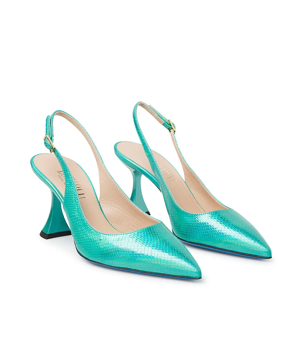 Green printed leather slingback pumps.