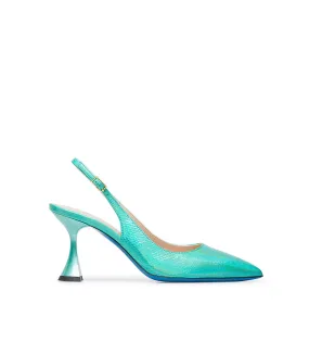 Green printed leather slingback pumps.