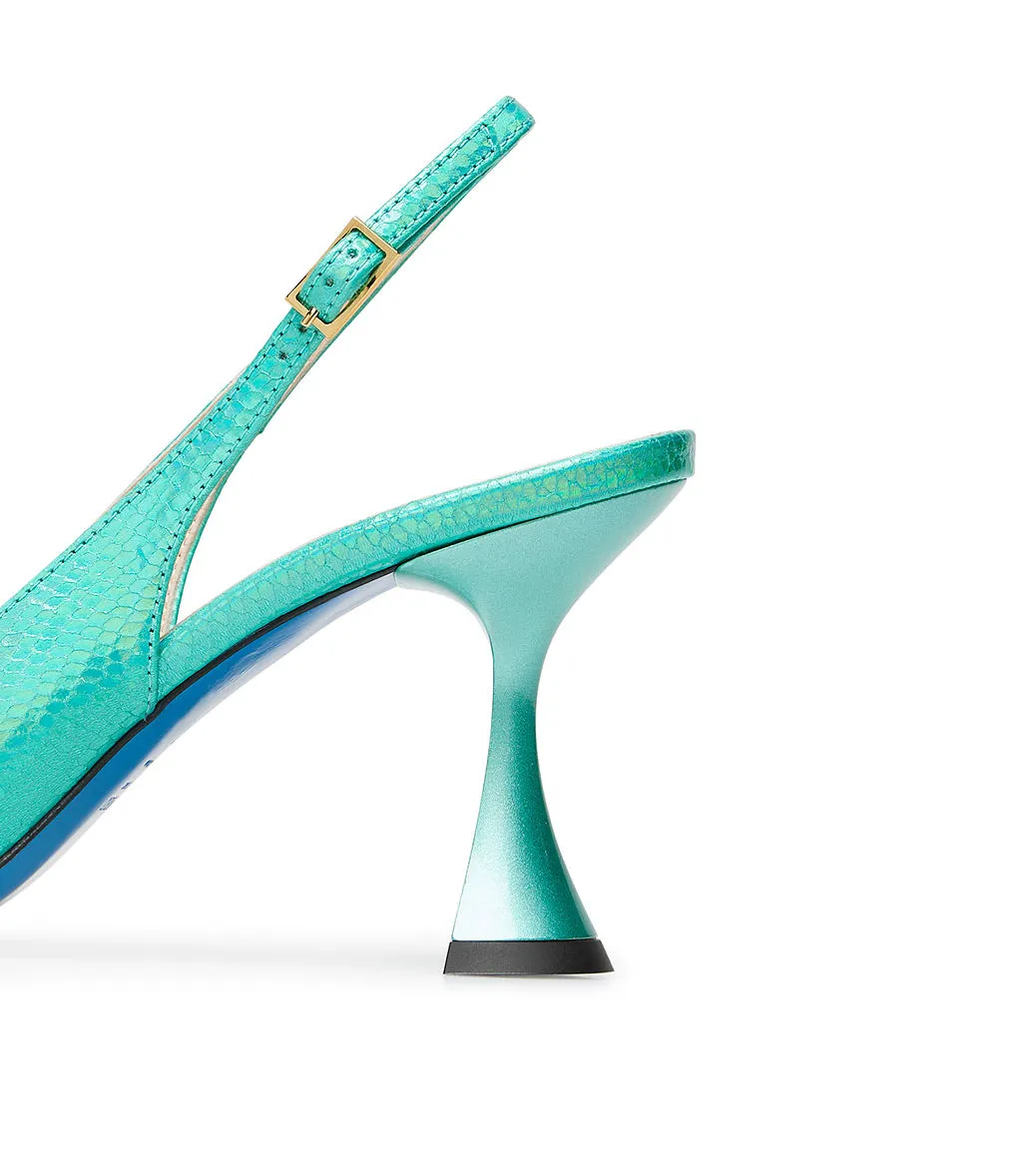 Green printed leather slingback pumps.