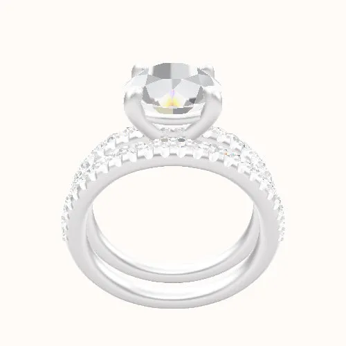 Half Pave Engagement Ring With Low Set Four Prong Head and Matching Band