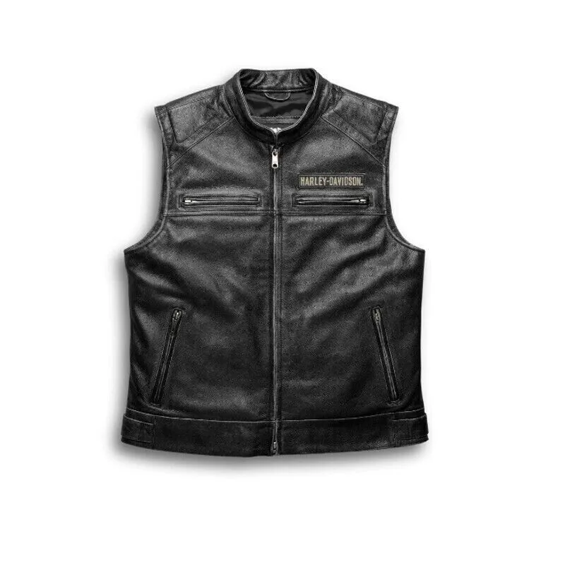 Harley Davidson Men's Genuine Motorcycle Black Leather Biker Vest Motorbike Men