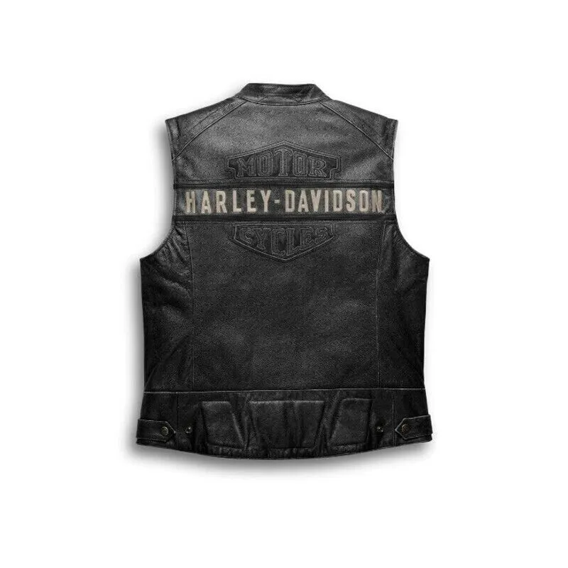 Harley Davidson Men's Genuine Motorcycle Black Leather Biker Vest Motorbike Men