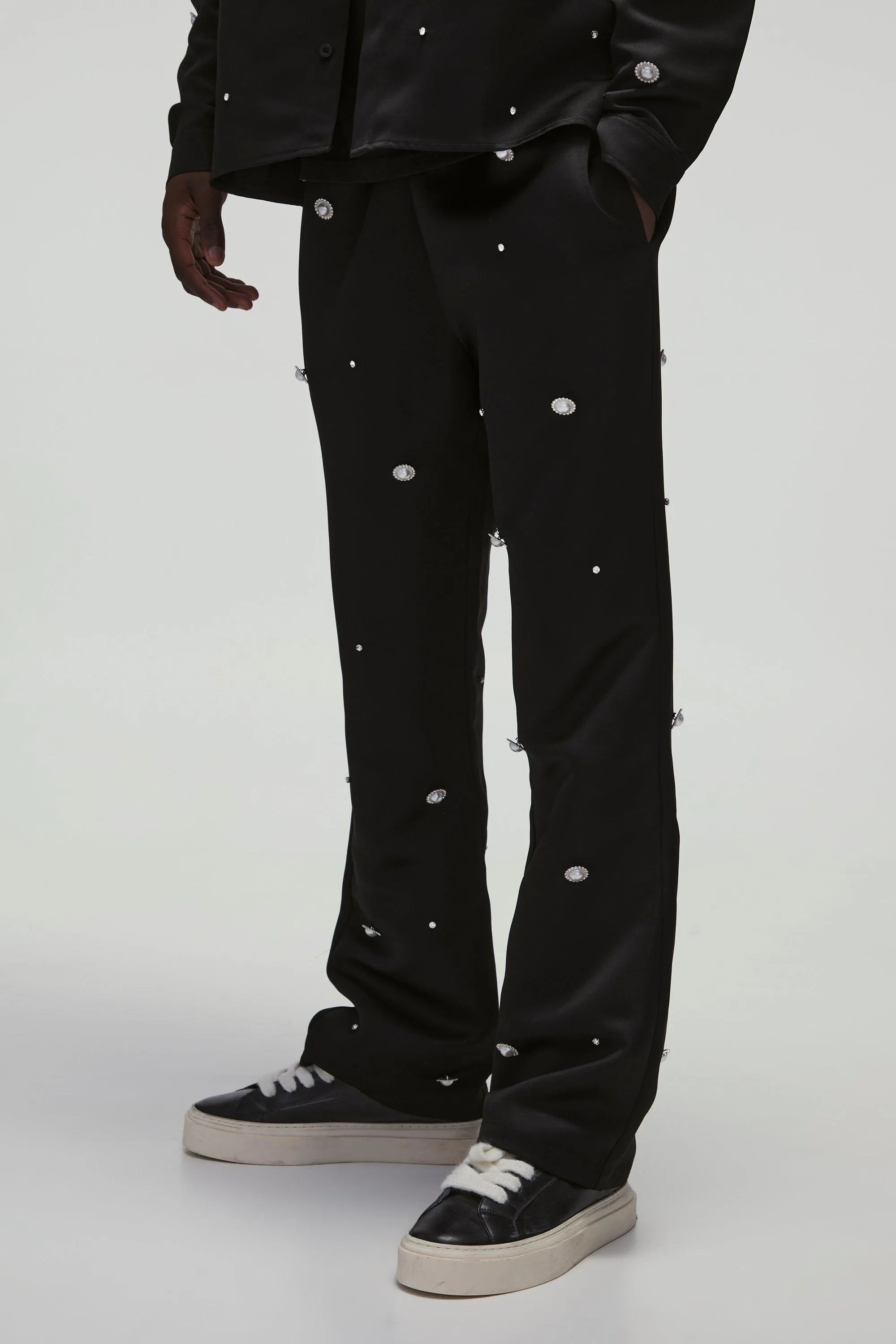 Heavy Satin Embellished Elasticated Waist Flared Trousers