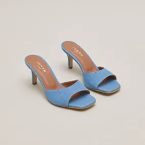 Heeled mules in blue denim