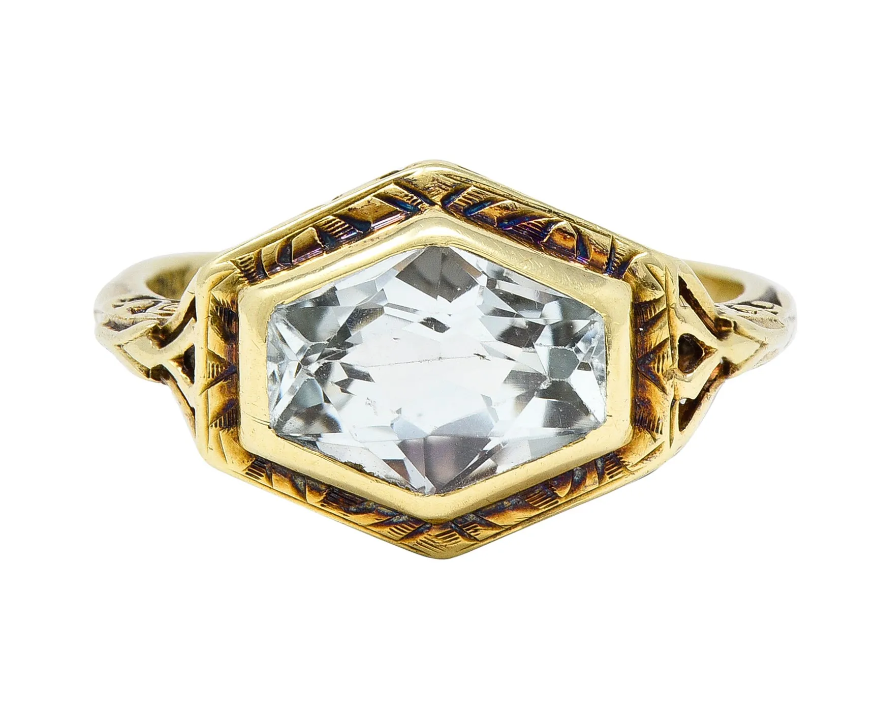 Kent & Woodland Co. Art Deco Aquamarine 14 Karat yellow Gold Scrolling Bezel Set Antique Gemstone Ring