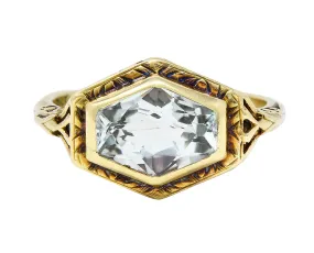 Kent & Woodland Co. Art Deco Aquamarine 14 Karat yellow Gold Scrolling Bezel Set Antique Gemstone Ring