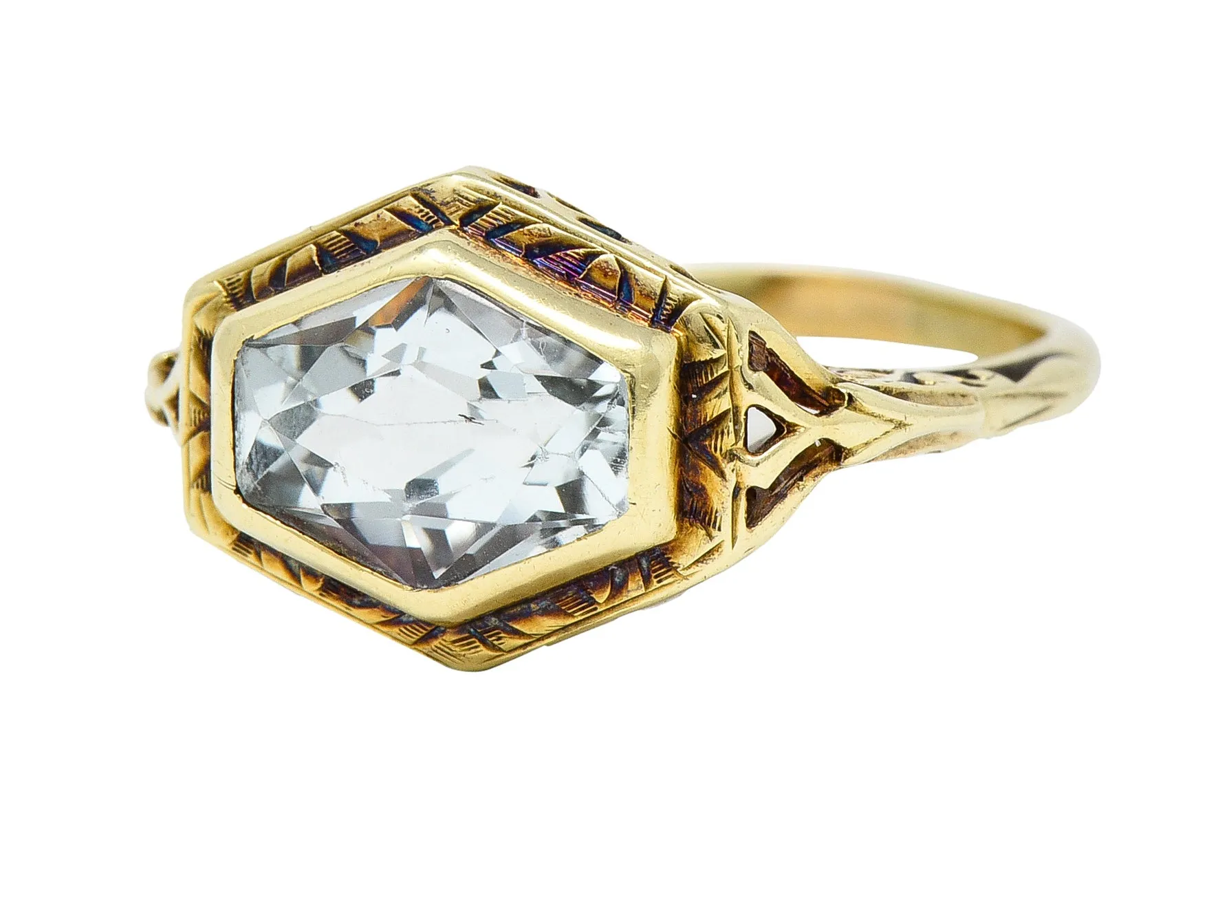 Kent & Woodland Co. Art Deco Aquamarine 14 Karat yellow Gold Scrolling Bezel Set Antique Gemstone Ring