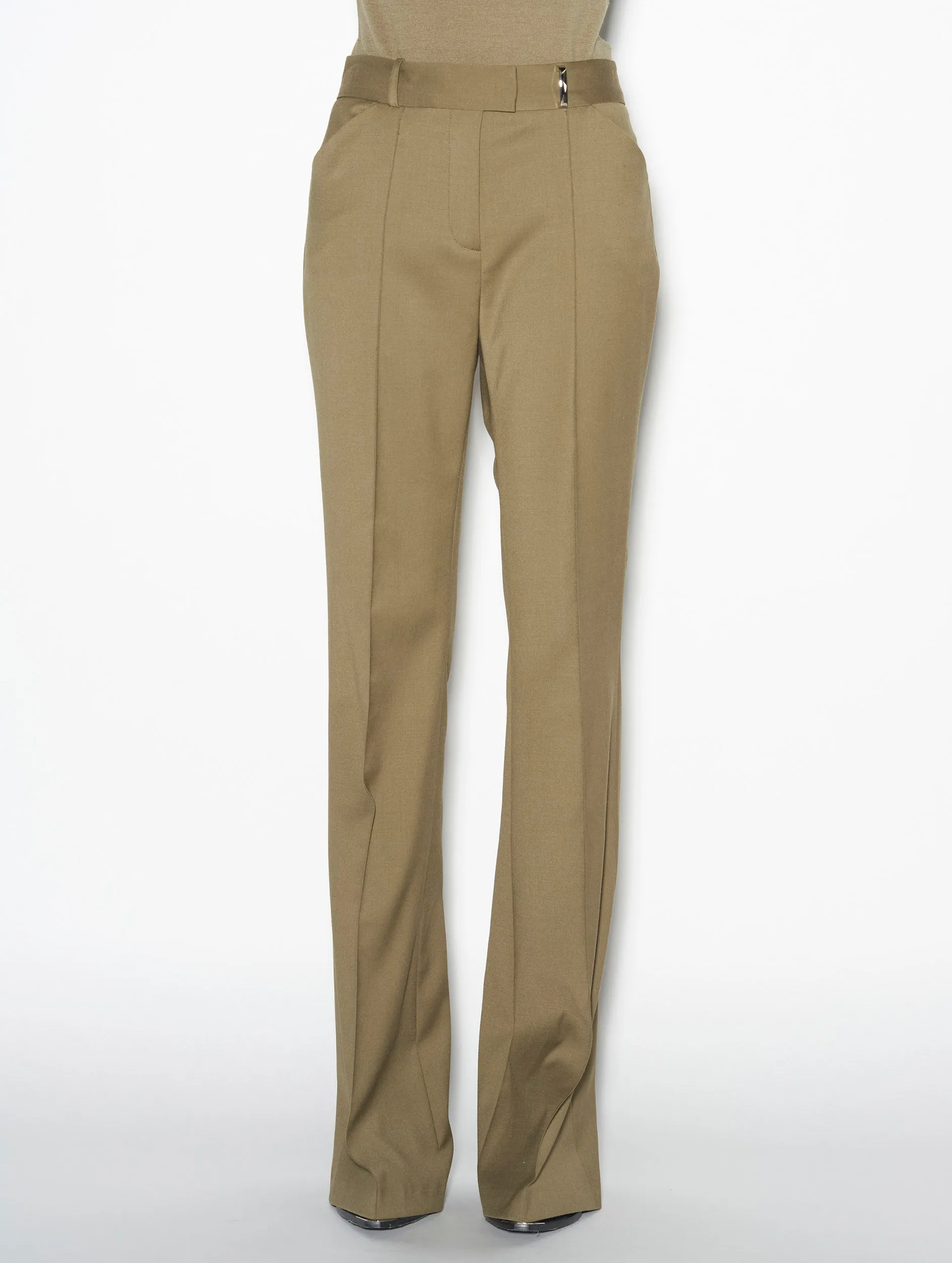 Khaki stretch wool flared trousers