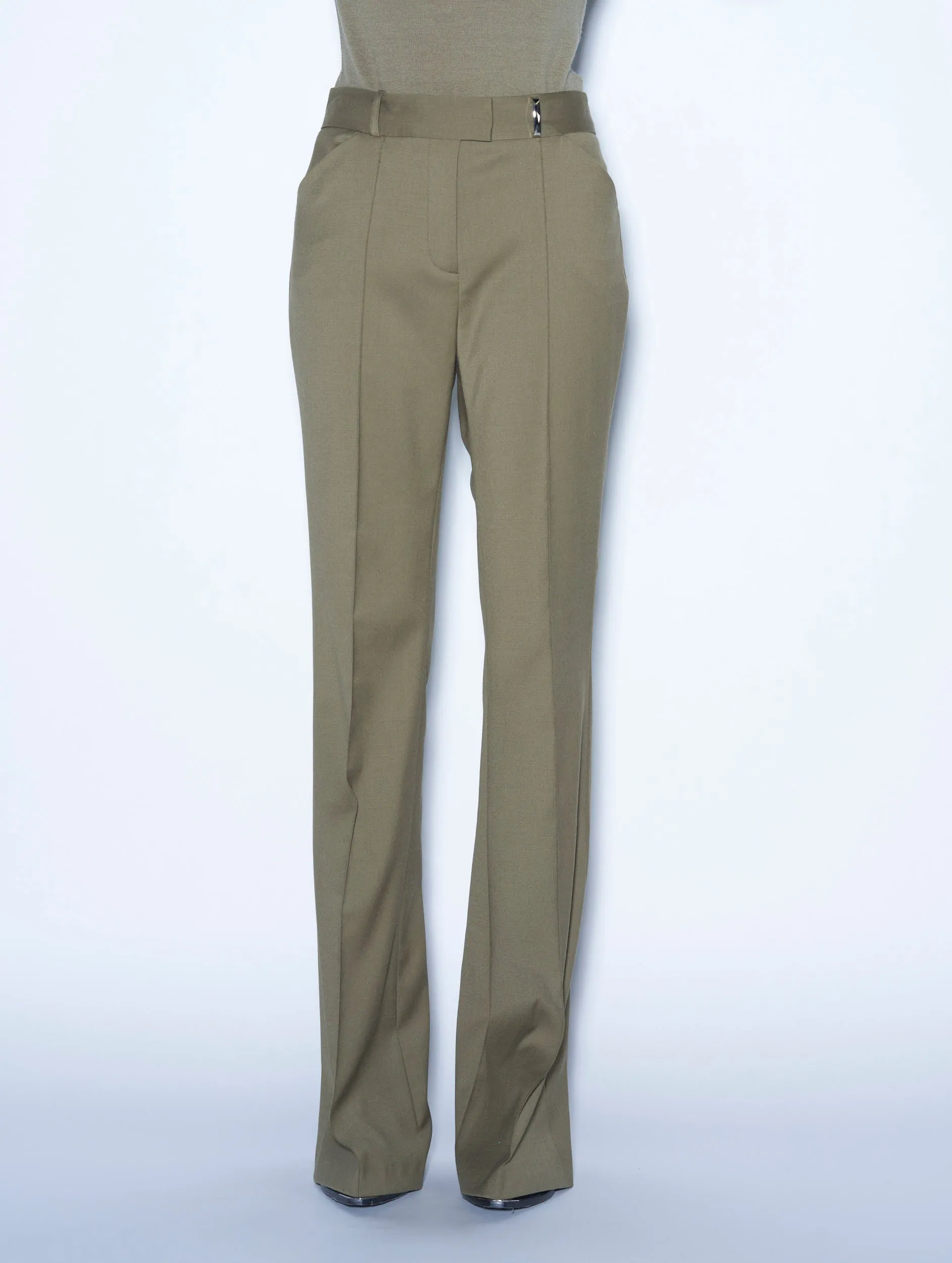 Khaki stretch wool flared trousers