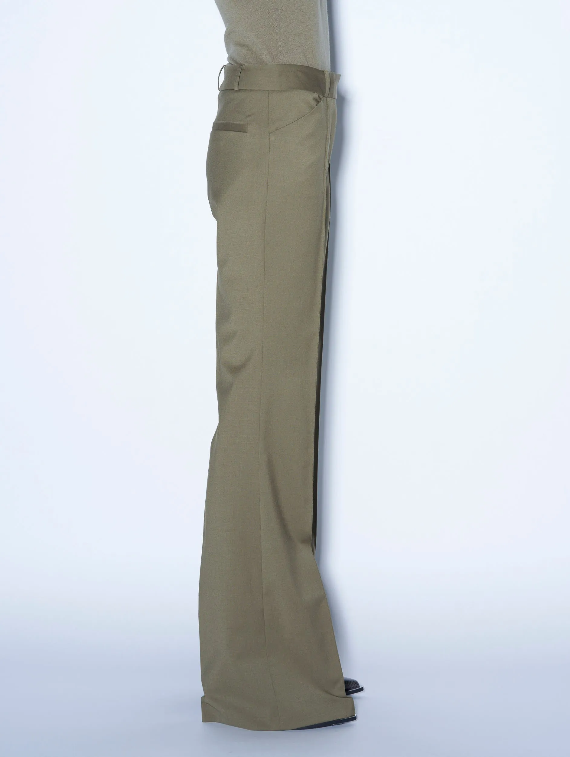 Khaki stretch wool flared trousers