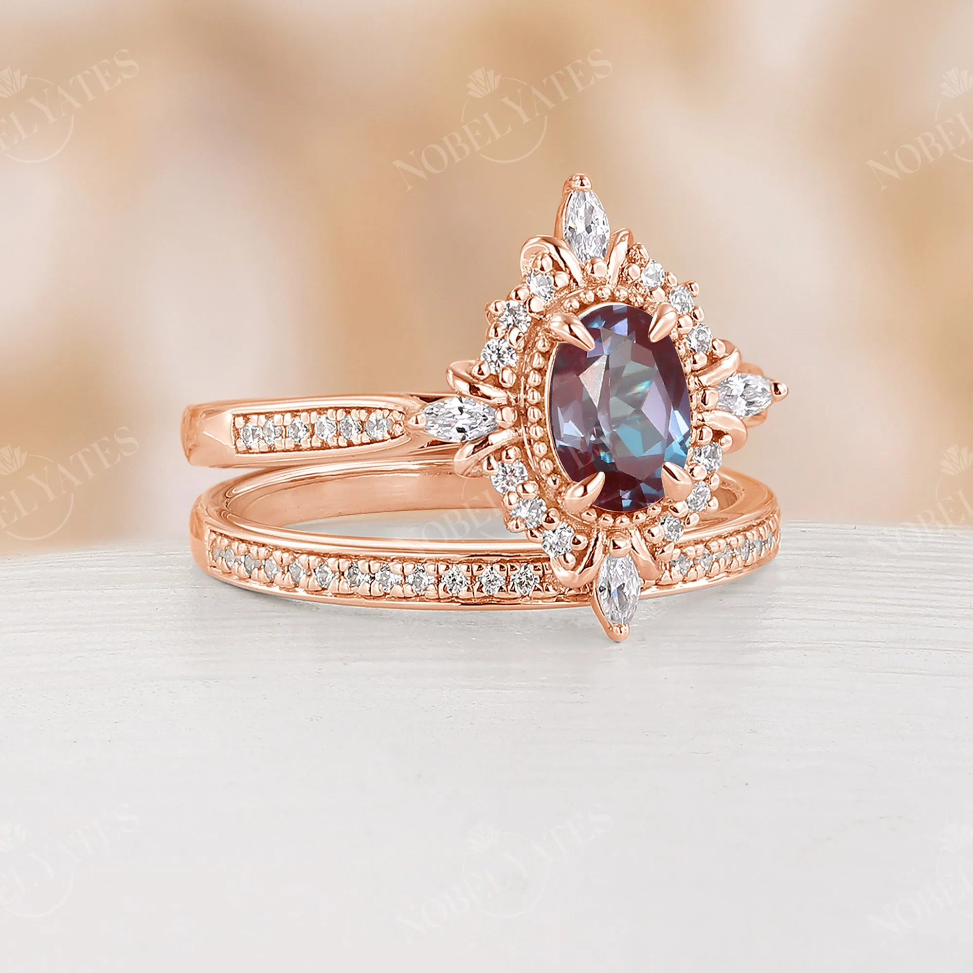 Lab Alexandrite Oval Rose Gold Pave & Milgrain Bridal Set