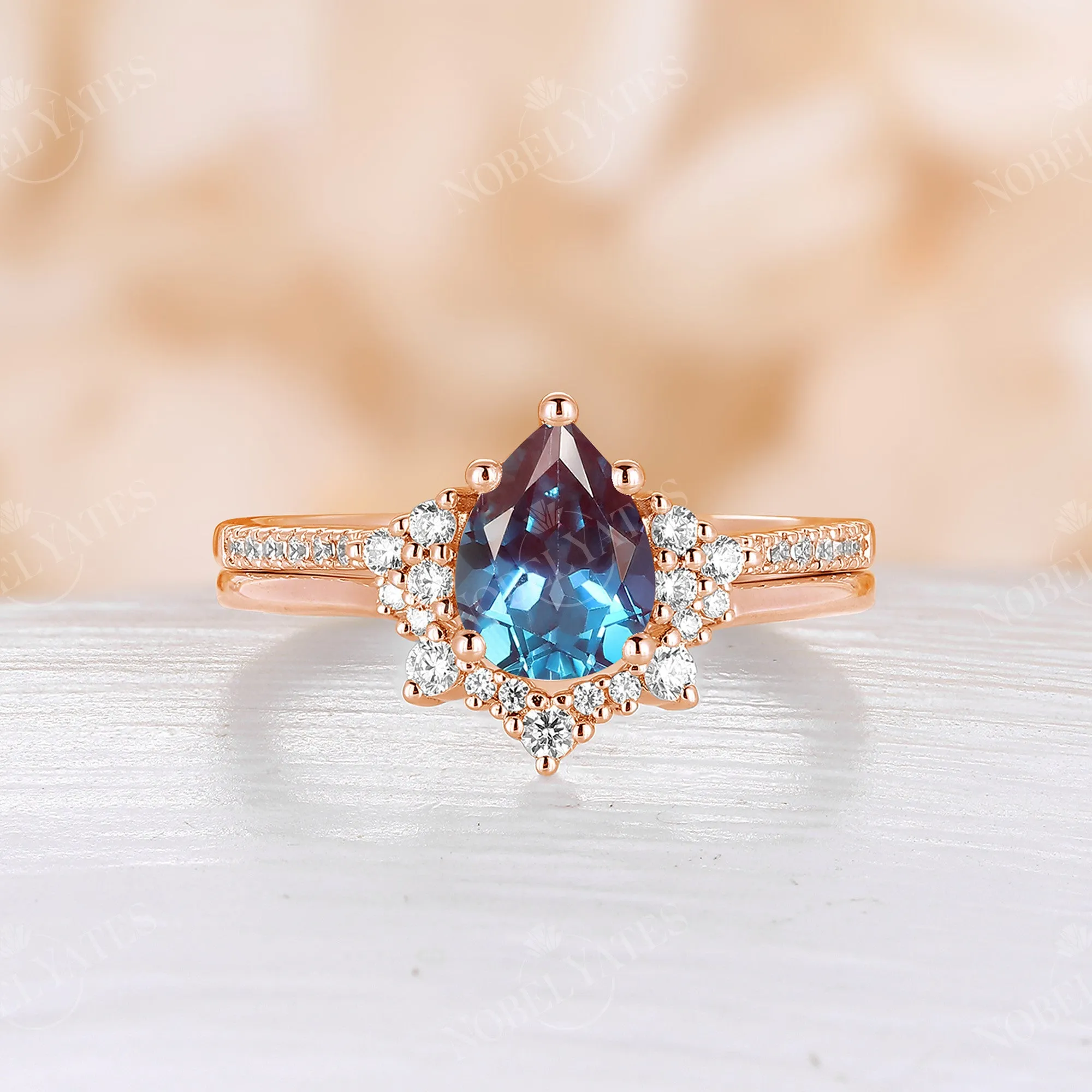 Lab Alexandrite Pear Cluster & Pave Bridal Set Rose Gold