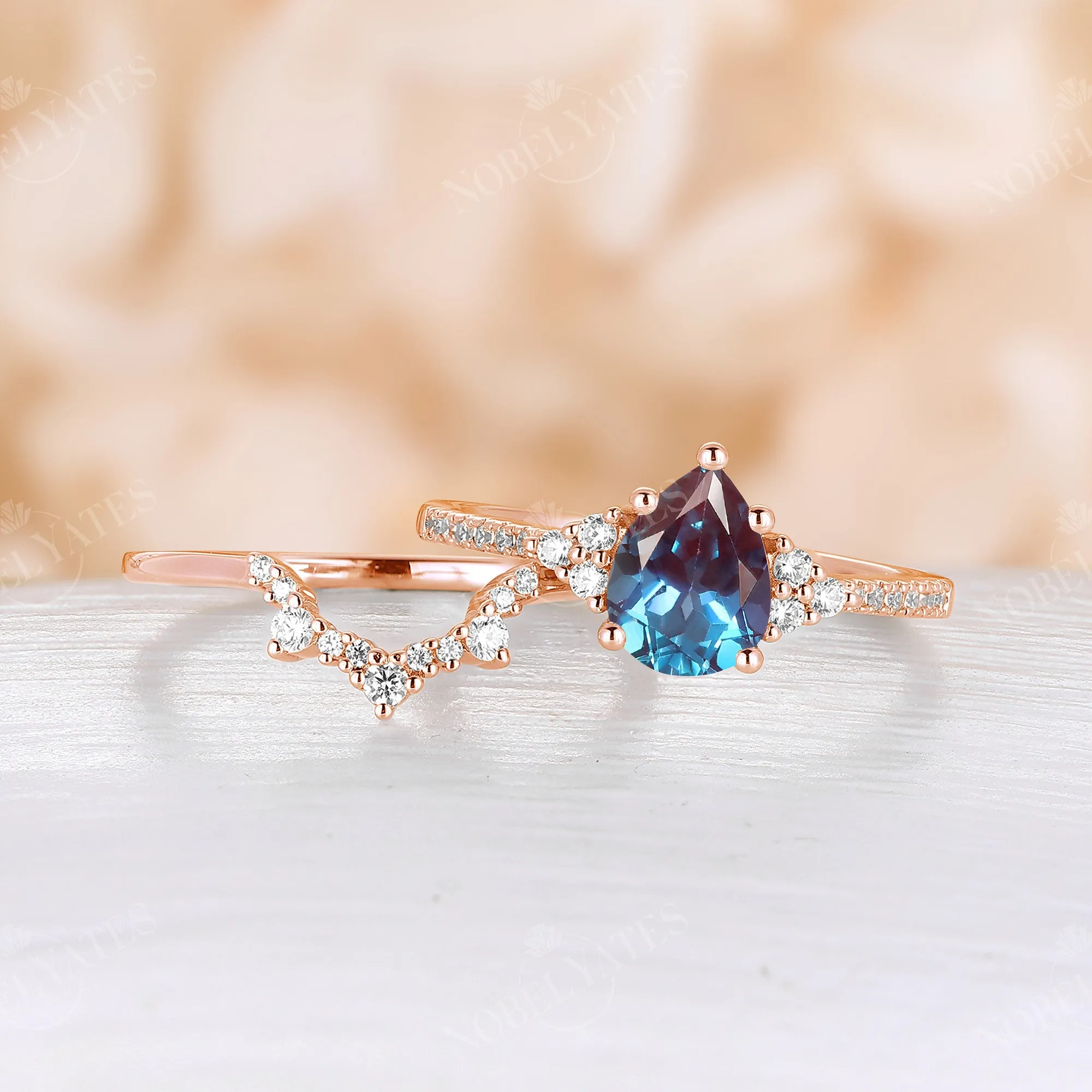 Lab Alexandrite Pear Cluster & Pave Bridal Set Rose Gold