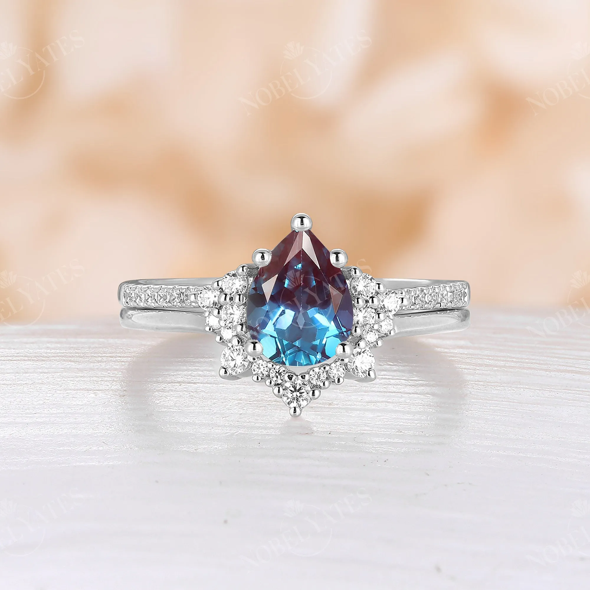 Lab Alexandrite Pear Cluster & Pave Bridal Set Rose Gold