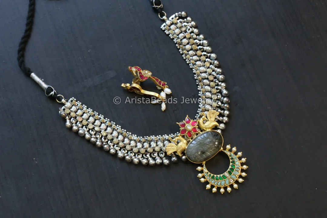 Labradorite Jadau Kundan Pendant Necklace Set - Style 8