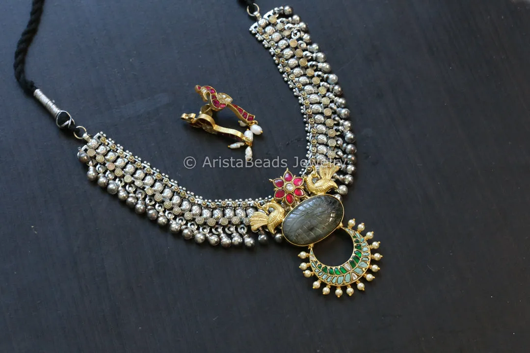 Labradorite Jadau Kundan Pendant Necklace Set - Style 8