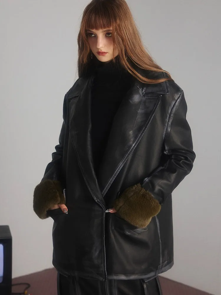 Large V-neck Fur Edge Stitching Leather Jacket