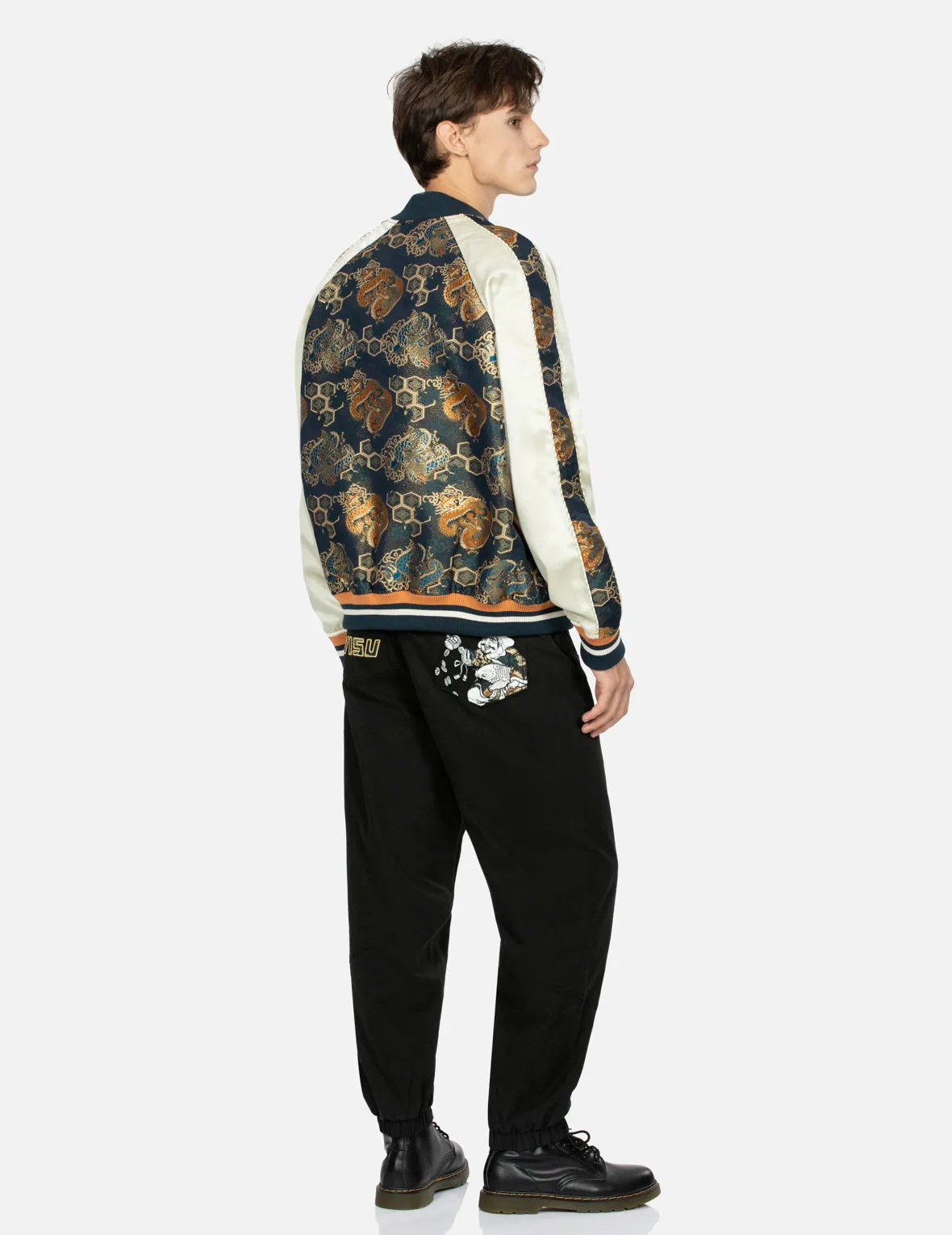 Logo Embroidery Brocade Fabric-blocking Loose Fit Jacket