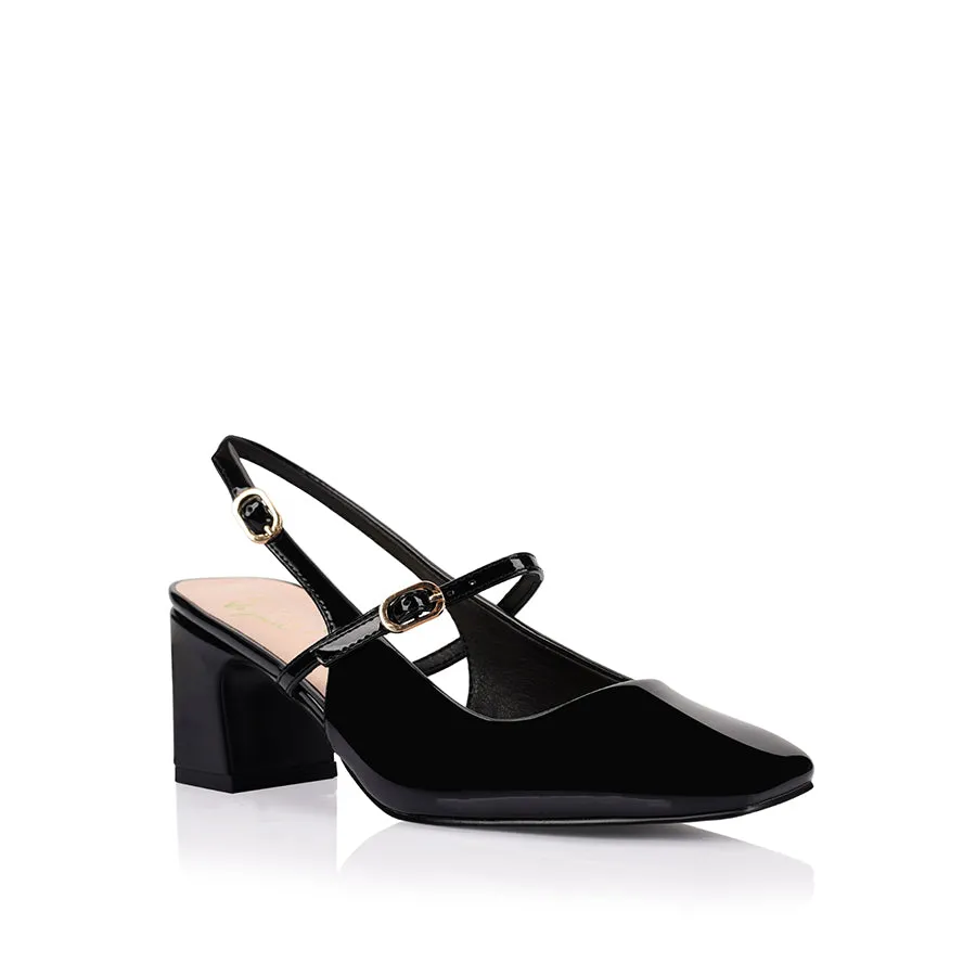 Lolita Slingback Block Heels - Black Patent