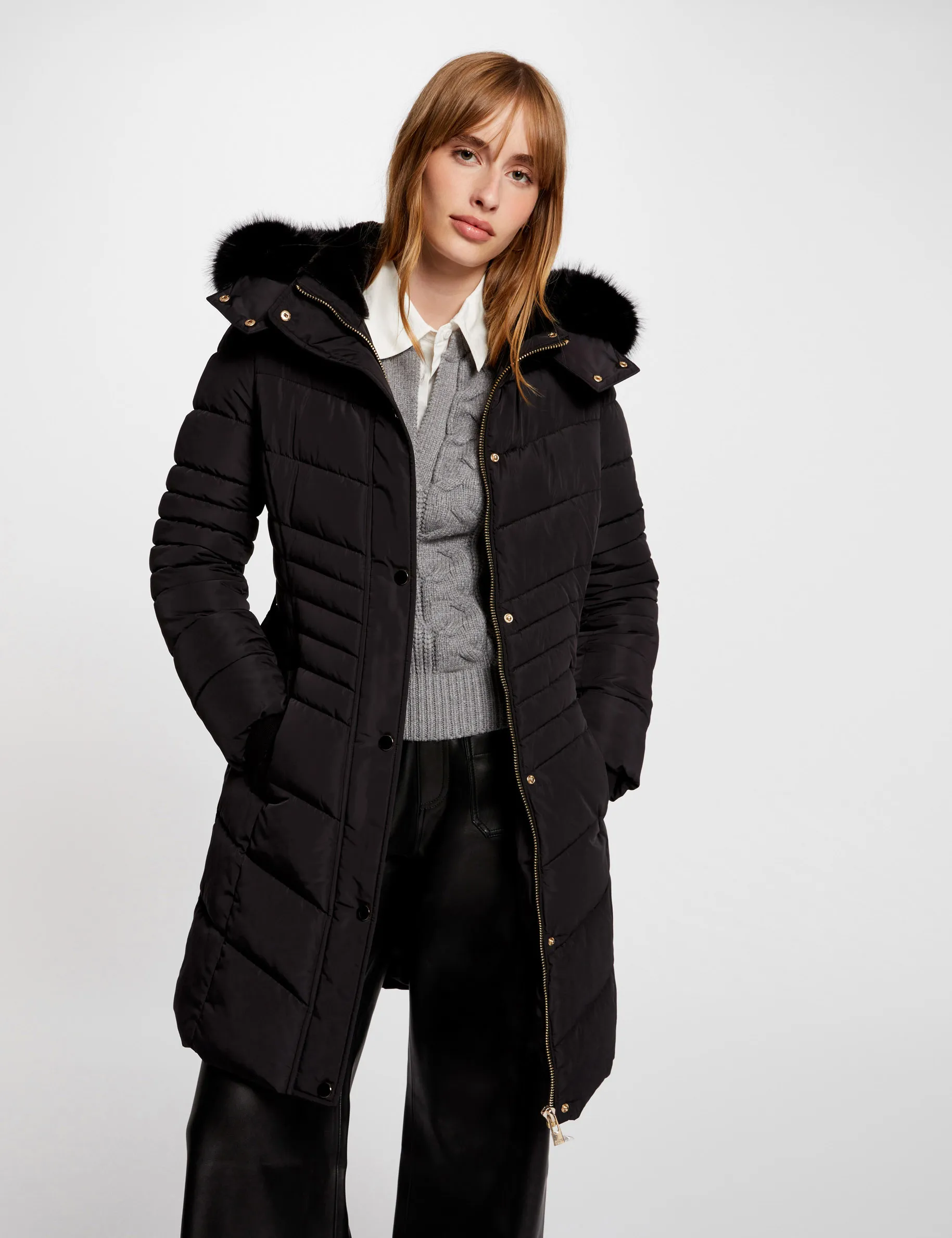 Long padded jacket with hood black women