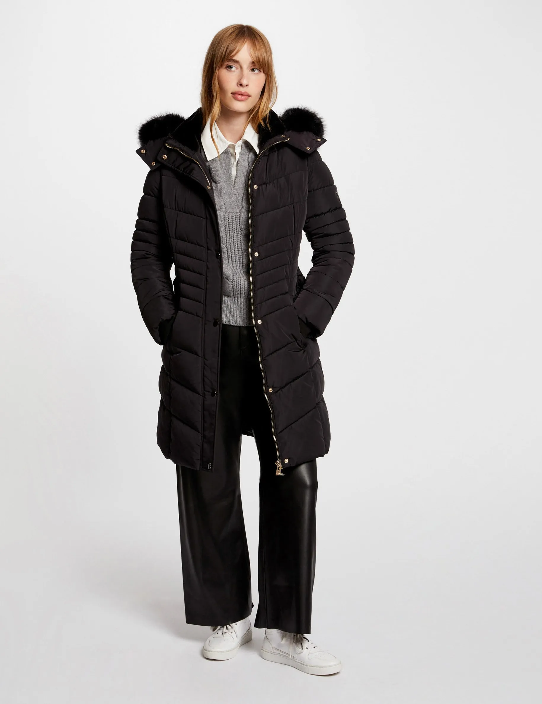 Long padded jacket with hood black women