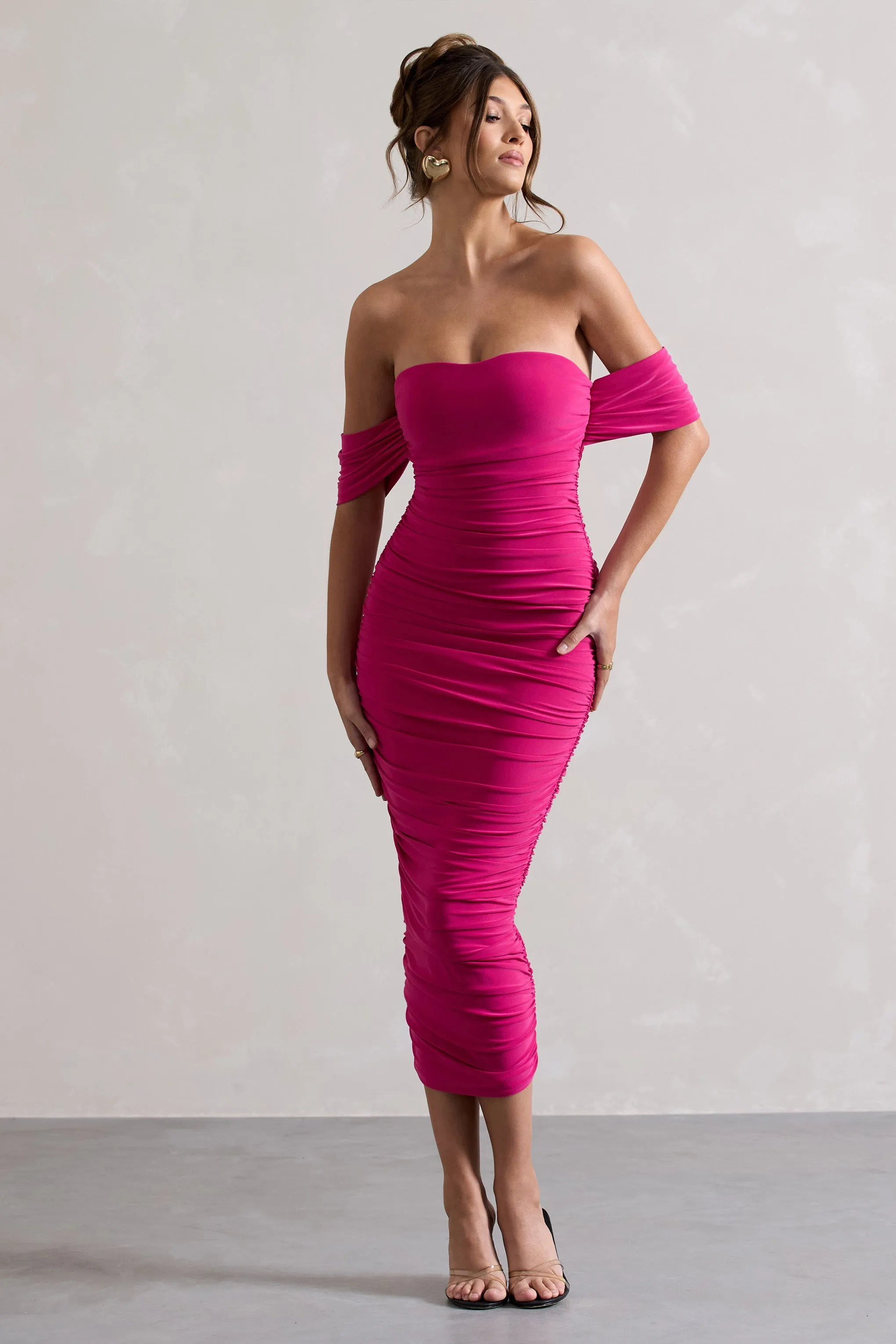 Lost For Words | Pink Bardot Ruched Draped Midi Dress