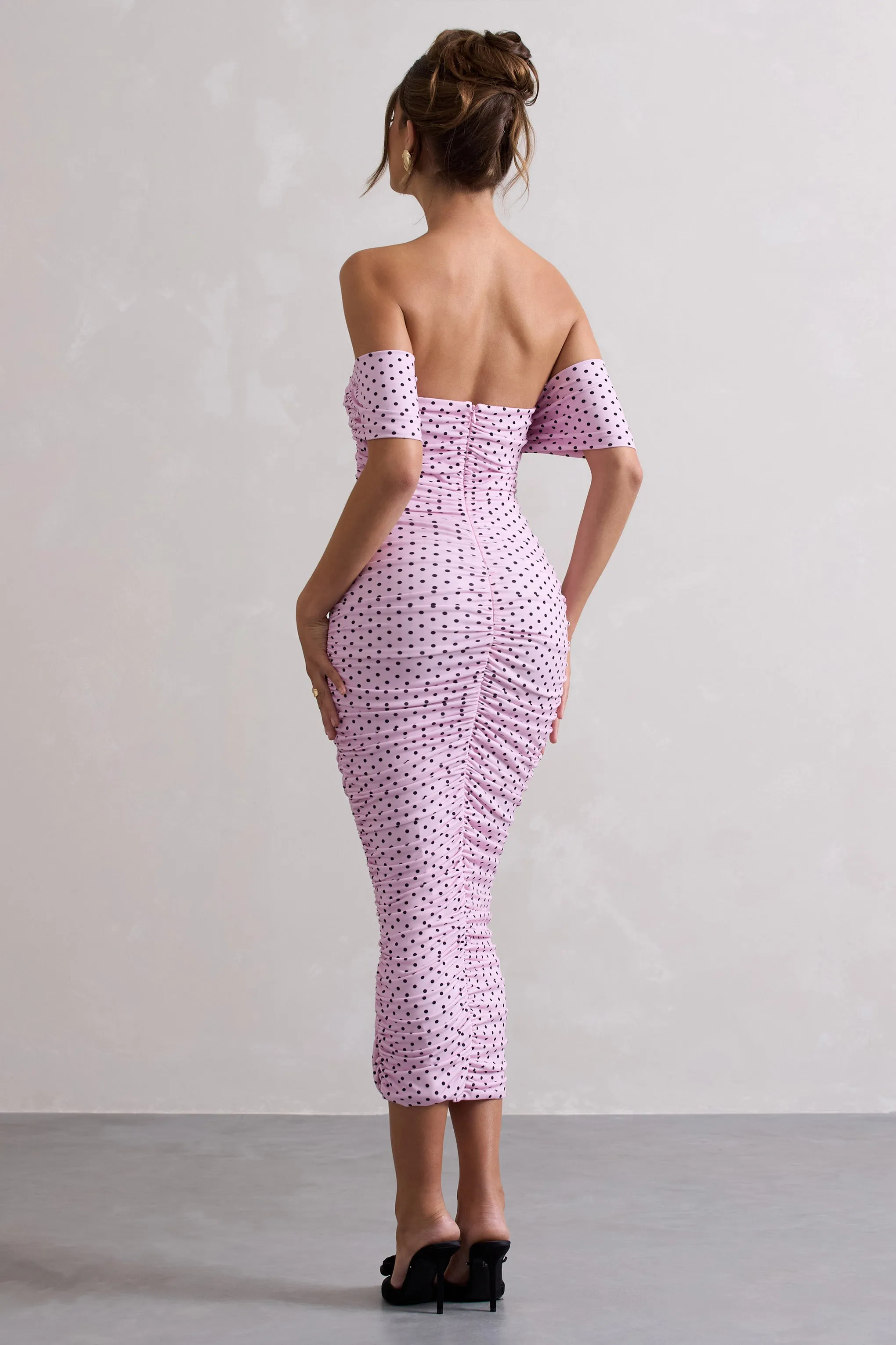 Lost For Words | Pink Polka Dot Bardot Ruched Draped Midi Dress