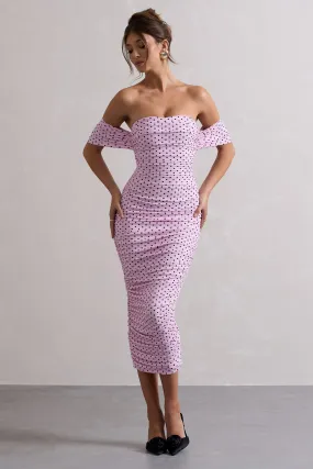 Lost For Words | Pink Polka Dot Bardot Ruched Draped Midi Dress