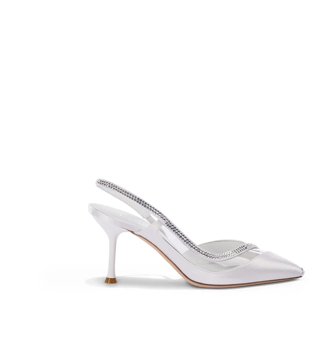 Luxurious white satin and plexi slingback pumps embellished with rhinestones