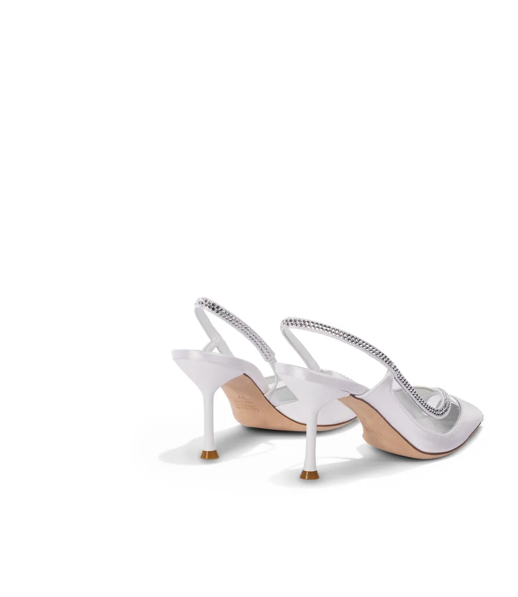 Luxurious white satin and plexi slingback pumps embellished with rhinestones